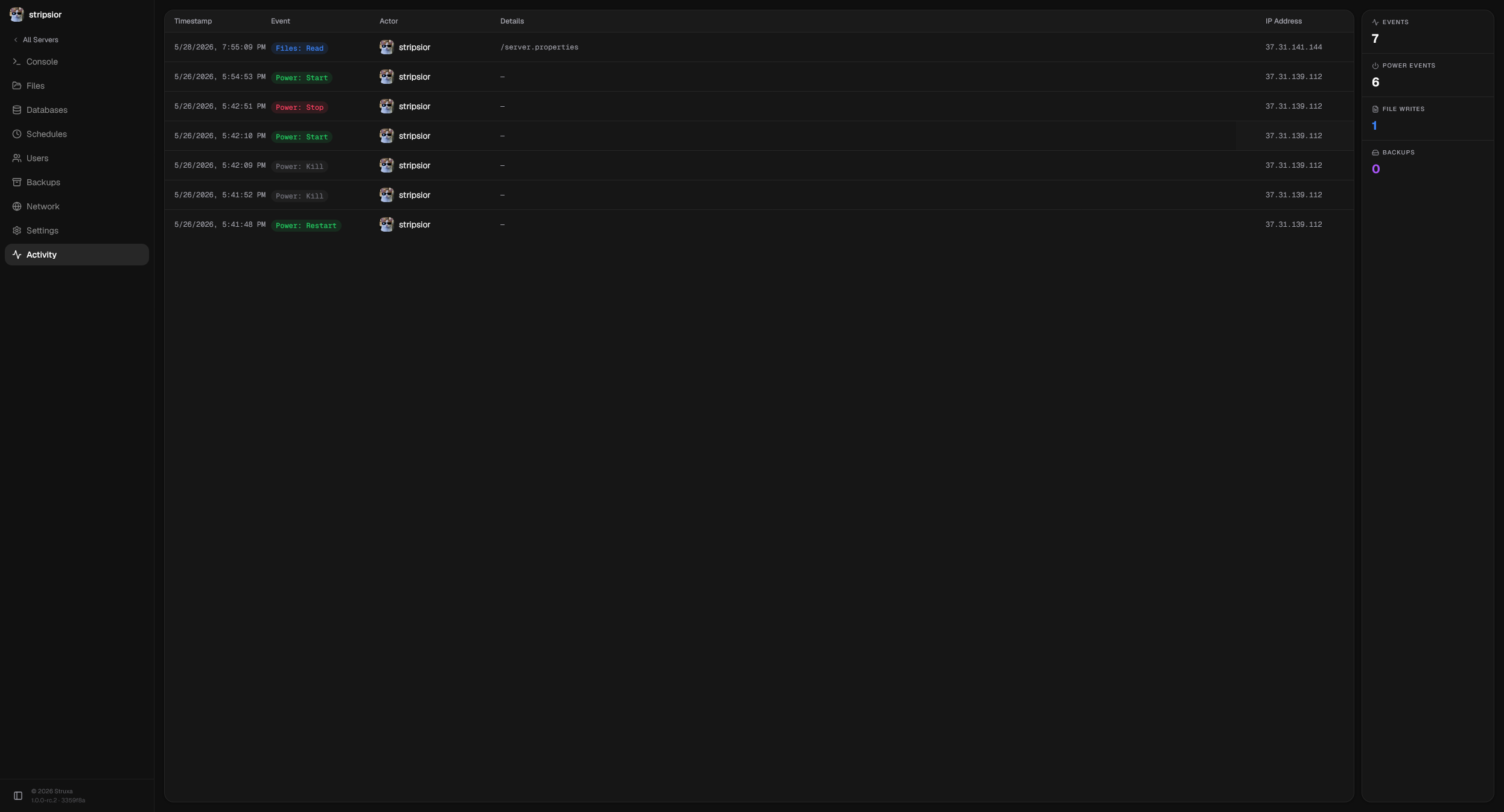 Activity log